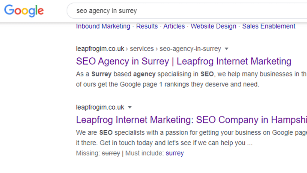 seo agency in surrey google search result
